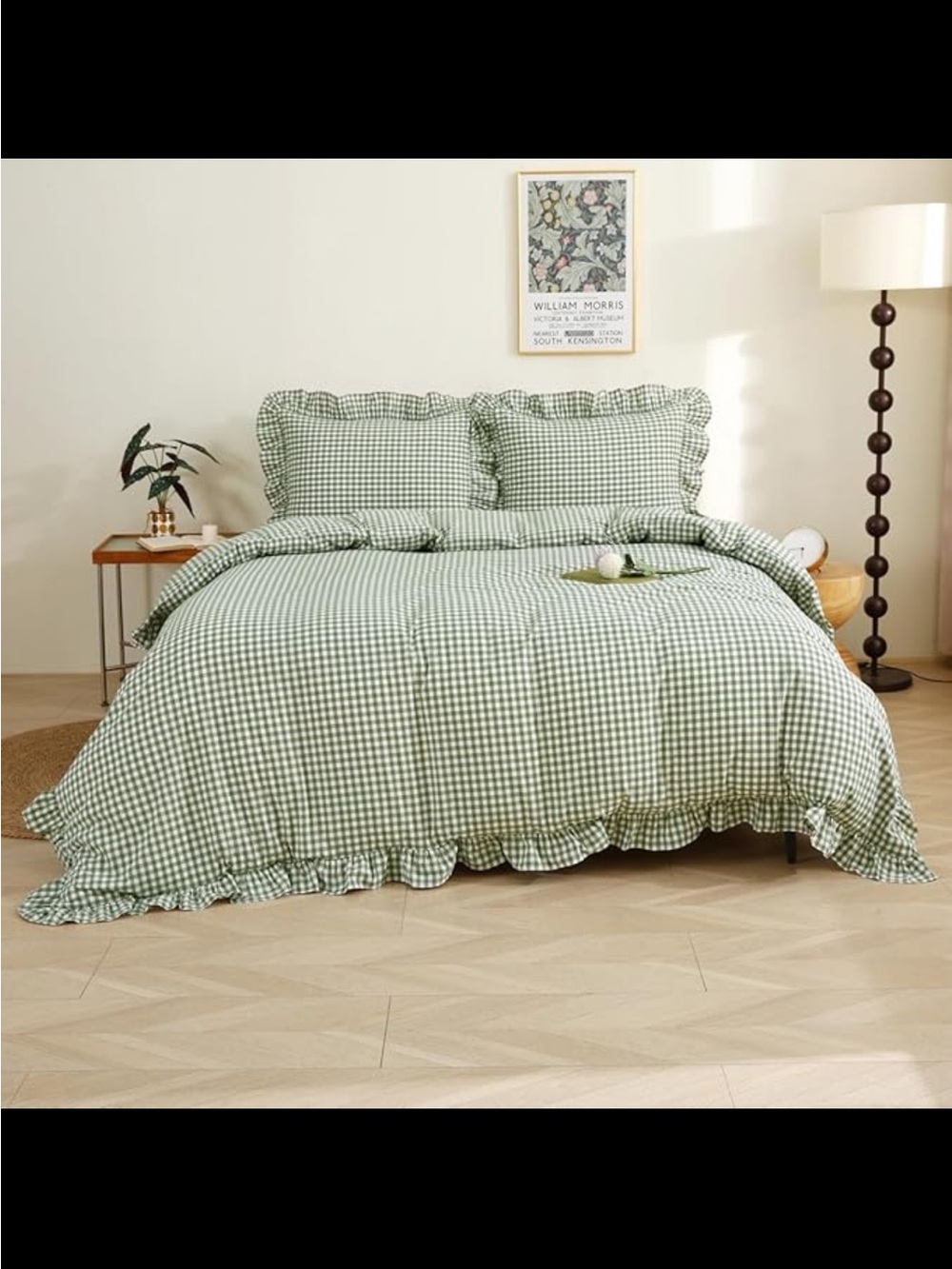 NWOT Silnuo Sage Green/White 100% Cotton Gingham Plaid Ruffle Duvet Cover. Queen